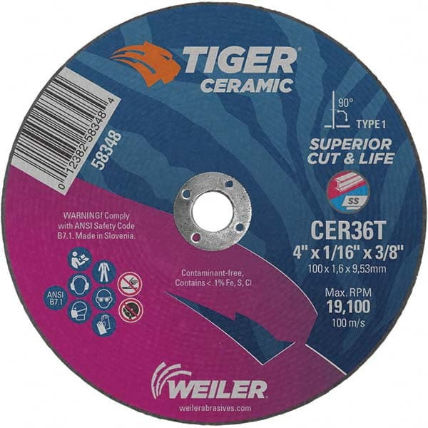 Weiler - 4 x 1/16, 3/8" Hole 36 Grit Ceramic Alumina Cutoff Wheel - Makers Industrial Supply