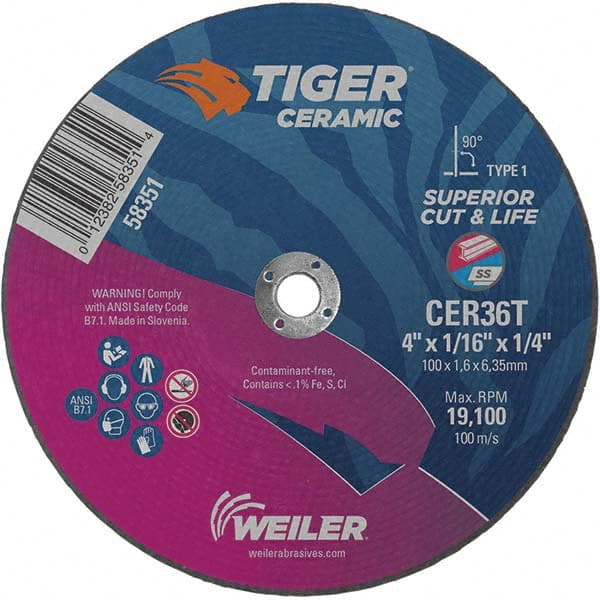 Weiler - 4 x 1/16, 1/4" Hole 36 Grit Ceramic Alumina Cutoff Wheel - Makers Industrial Supply