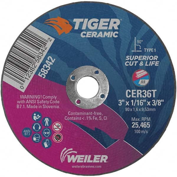 Weiler - 3 x 1/16, 3/8" Hole 36 Grit Ceramic Alumina Cutoff Wheel - Makers Industrial Supply