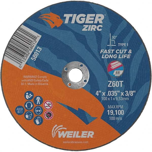 Weiler - 4 x 0.035, 3/8" Hole 60 Grit Zirconia Alumina Cutoff Wheel - Makers Industrial Supply