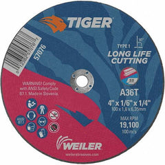 Weiler - 4 x 1/16, 1/4" Hole 36 Grit Aluminum Oxide Cutoff Wheel - Makers Industrial Supply