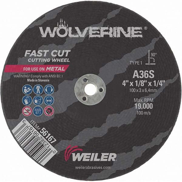 Weiler - 4 x 1/8, 1/4" Hole 36 Grit Aluminum Oxide Cutoff Wheel - Makers Industrial Supply