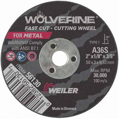 Weiler - 2 x 1/8, 3/8" Hole 36 Grit Aluminum Oxide Cutoff Wheel - Makers Industrial Supply