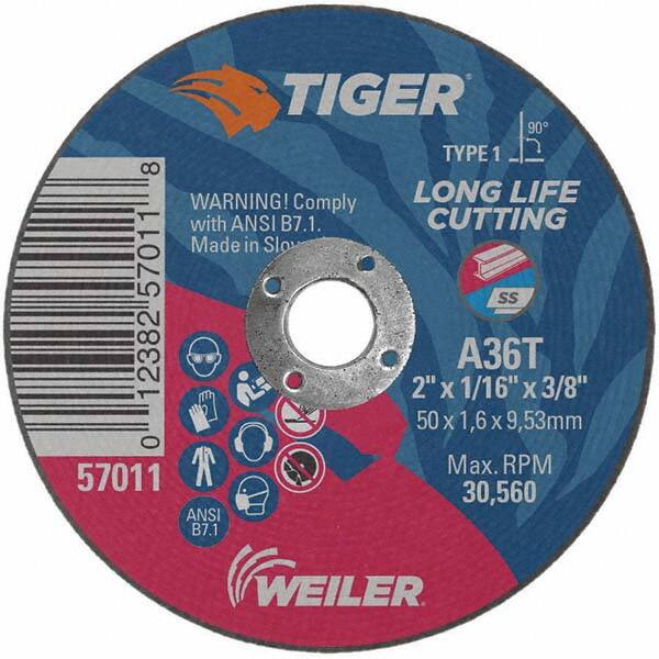 Weiler - 2 x 1/16, 3/8" Hole 36 Grit Aluminum Oxide Cutoff Wheel - Makers Industrial Supply