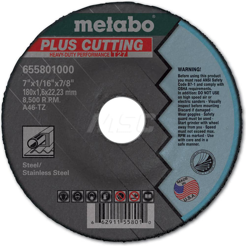 Cut-Off Wheel: Type 27, 7″ Dia, 7/8″ Hole, Aluminum Oxide 46 Grit, 8500 Max RPM