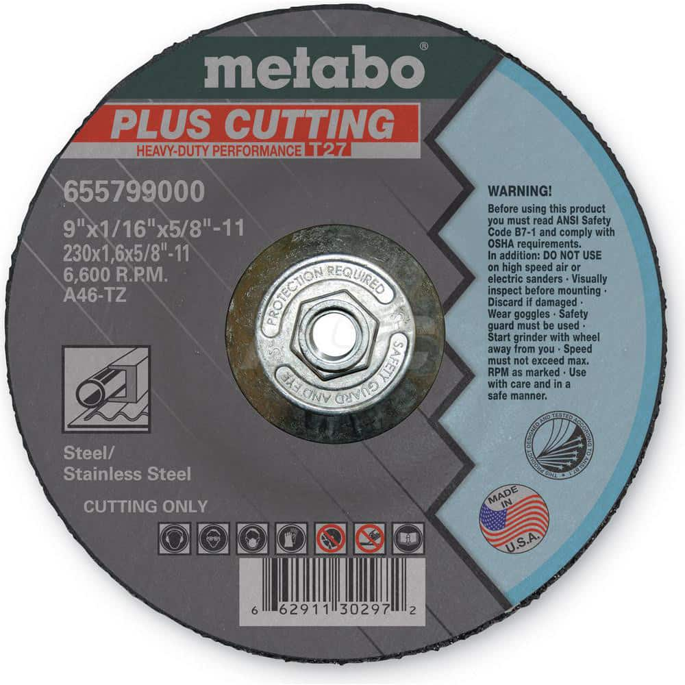 Cut-Off Wheel: Type 27, 9″ Dia, 5/8-11″ Hole, Aluminum Oxide 46 Grit, 6600 Max RPM