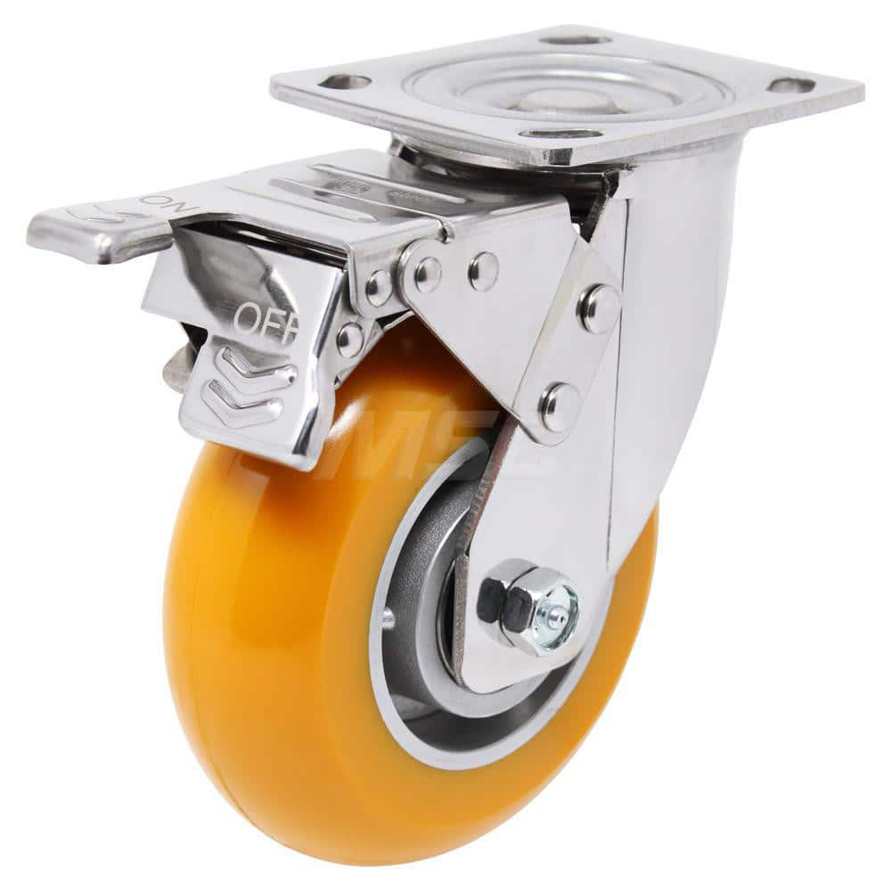 Top Plate Caster: Polyurethane, 6″ Wheel Dia, 2″ Wheel Width, 1,000 lb Capacity, 7-1/4″ OAH 4.5″ Plate Length, 4″ Plate Width