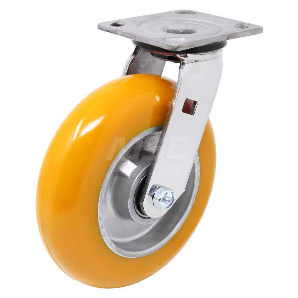 Top Plate Caster: Polyurethane, 8″ Wheel Dia, 2″ Wheel Width, 1,200 lb Capacity, 9-1/2″ OAH 4.5″ Plate Length, 4″ Plate Width