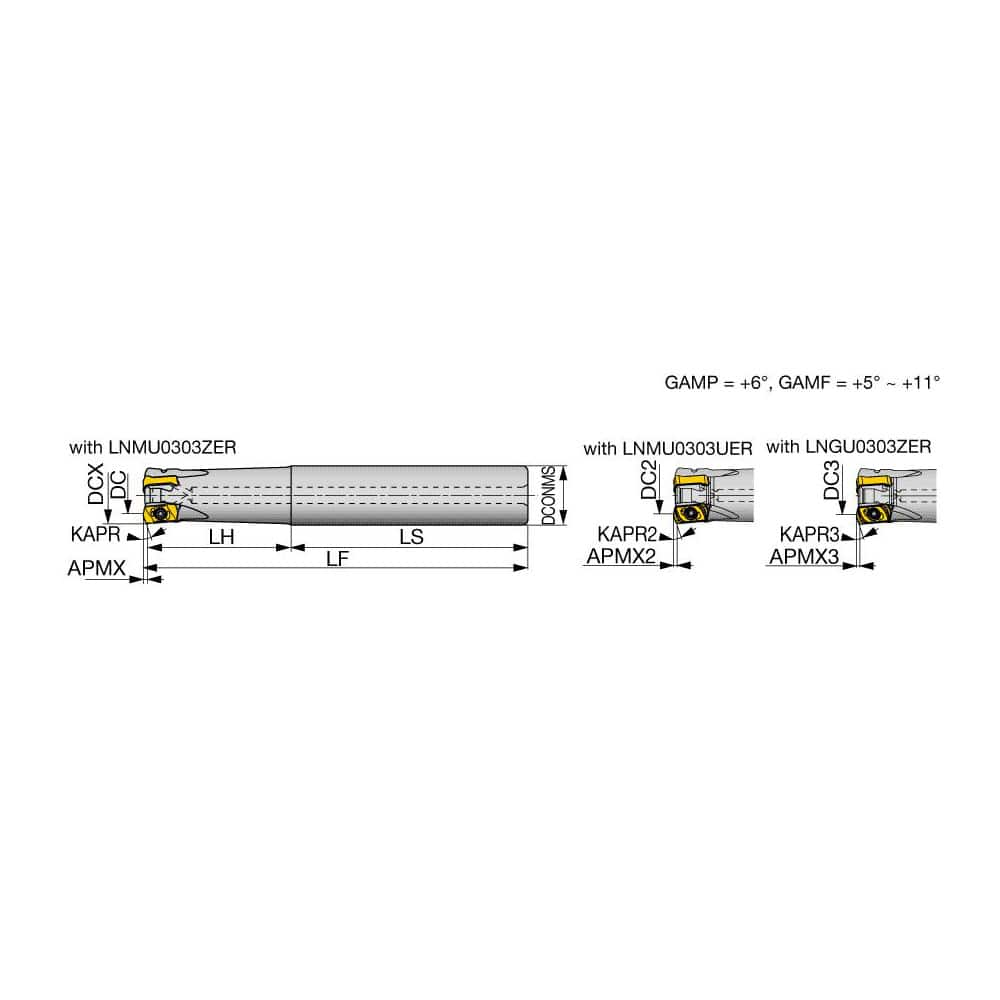 Indexable High-Feed End Mill: 1-1/2″ Cut Dia, 1-1/4″ Straight Shank Uses 6 LNMU Inserts, 0.039″ Max Depth, 6″ OAL, Through Coolant