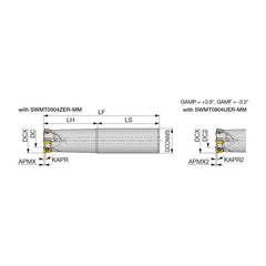 Indexable High-Feed End Mill: 1″ Cut Dia, 1″ Straight Shank Uses 3 SWMT Inserts, 0.039″ Max Depth, 7″ OAL, Through Coolant