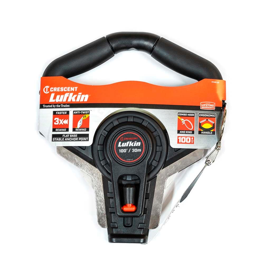 Lufkin - Tape Measures; Length (Feet): 100.000 ; Width (mm): 12.70 ; Width (Inch): 1/2 ; Graduation (Feet): 1/10 ; Blade Material: Fiberglass ; Case Material: ABS Plastic - Exact Industrial Supply