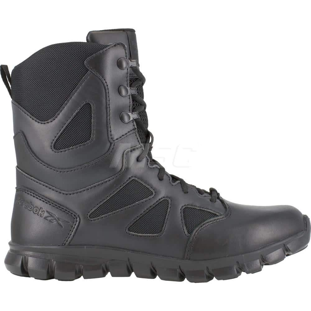 Work Boot: Size 9, 8″ High, Leather, Plain Toe Black, Wide Width, Non-Slip Sole