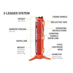 Railing Barriers; Type: Portable Barrier Systems; Barrier Type: Barricade; Mount Type: Portable; Color: Orange; Includes: 50 ™ (15 m) safety orange fencing, 4 posts with end lockout in a post carry bag, 4 rubber base pads and a steel cartridge base.; Heig