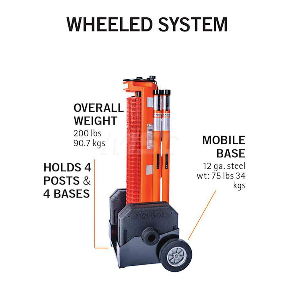 Railing Barriers; Type: Portable Barrier Systems; Barrier Type: Barricade; Mount Type: Portable; Color: Orange; Includes: 50 ™ (15 m) safety orange fencing, 4 posts with end lockout and 4 rubber base pads all stored in a wheeled base.; Height (Inch): 64;