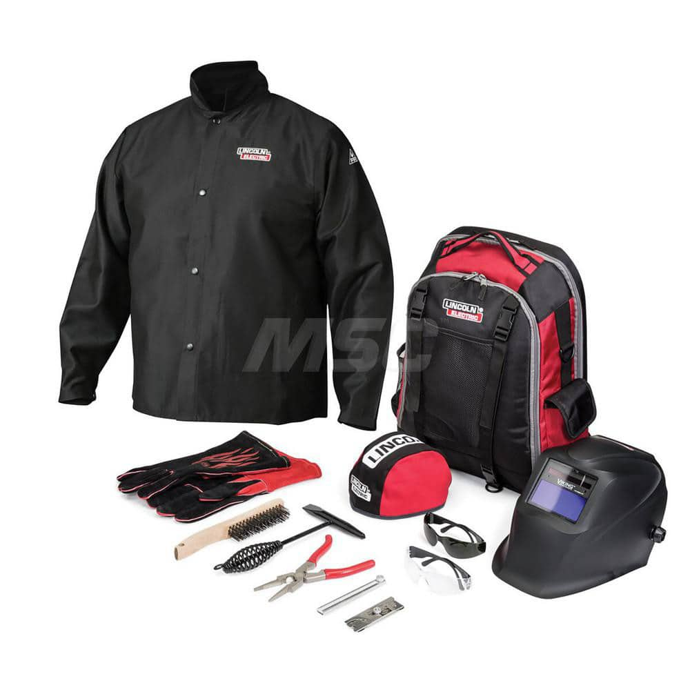 Size XL Black Cotton Welding Jacket with Gloves, Sleeves & Ratchet Hard Hat with Face Shield 1.67″ x 3.78″ Distortion-Free Glass, Includes Gear Bag