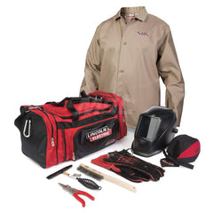 Size 2XL Khaki Cotton Welding Jacket with Gloves, Sleeves & Ratchet Hard Hat with Face Shield 5″ x 4″ Distortion-Free Glass, Includes Gear Bag