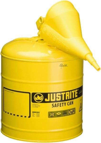 Justrite - 5 Gal Galvanized Steel Type I Safety Can - 16-7/8" High x 11-3/4" Diam, Yellow - Makers Industrial Supply