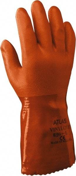 SHOWA - Size XL (10), 12" Long, 18 mil Thick, Supported, PVC Chemical Resistant Gloves - Rough Finish, Knit Lined, Gauntlet Cuff, ANSI Abrasion Level 4, ANSI Cut Level 1, ANSI Puncture Level 1, Orange - Makers Industrial Supply