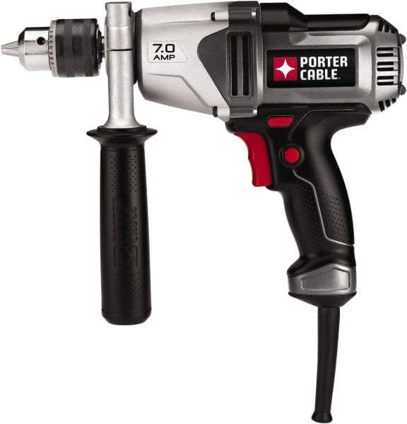 Porter-Cable - 1/2" Keyed Chuck, 800 RPM, Pistol Grip Handle Electric Drill - 7 Amps, 120 Volts, Reversible, Includes Side Handle & Chuck Key with Holder - Makers Industrial Supply