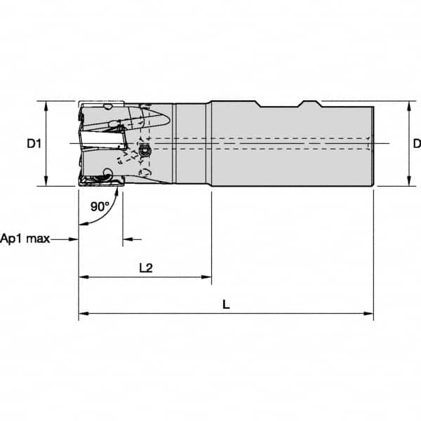 Kennametal - 1-1/4" Cut Diam, 15.5mm Max Depth of Cut, 1-1/4" Shank Diam, 115.06mm OAL, Indexable Square Shoulder End Mill - LNGU15T608SRGE Inserts, Weldon Shank, 0° Lead Angle, Through Coolant, Series MILL 4-15 - Makers Industrial Supply