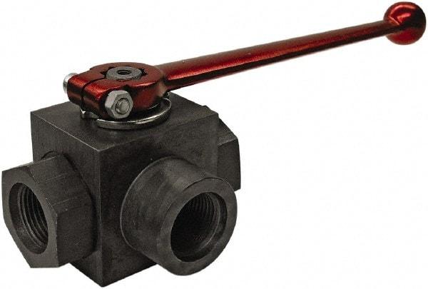 HYDAC - 1/2" Pipe, Full Port, Carbon Steel Full Port Ball Valve - Three Way, NPT Ends, Straight Handle, 6,000 WOG - Makers Industrial Supply