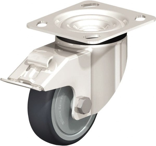 Swivel Top Plate Caster: Rubber, 4″ Wheel Dia, 1-1/4″ Wheel Width, 220 lb Capacity, 5-1/8″ OAH Rubber, 220 Lb Capacity, Ball Bearing, 4 x 4-1/2″ Plate