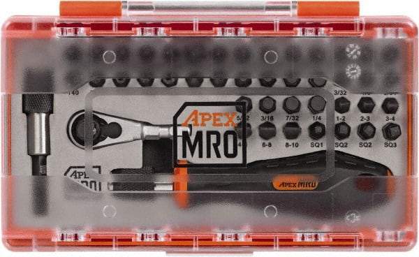 Apex - 45 Piece, 1/4" Drive Screwdriver Mini-Ratchet Bit Kit - PH1, PH2, PH3 & PH4 Phillips, 3/32 to 1/4" Hex, 2 to 6mm Hex, T15, T20, T25, T27, T30 & T40 Torx, PZ1 & PZ2 Pozidriv, SQ1, SQ2 & SQ3 Square Recess, #0 to 1/4 Slotted - Makers Industrial Supply