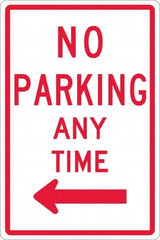 NMC - "No Parking Anytime", "Left Arrow", 12" Wide x 18" High, Aluminum No Parking & Tow Away Signs - 0.063" Thick, Red on White, Rectangle, Post Mount - Makers Industrial Supply