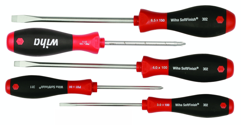 5 Piece - SoftFinish® Cushion Grip Screwdriver Set - #30295 - Includes: Slotted 3.0 - 6.5mm Phillips #1 - 2 - Makers Industrial Supply