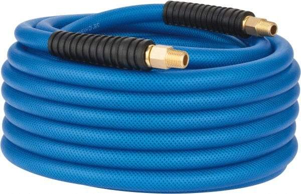 PRO-SOURCE - 3/8" ID x 0.6102" OD 50' Long Multipurpose Air Hose - MNPT(Swivel) x MNPT(Swivel) Ends, 300 Working psi, -40 to 176°F, 1/4" Fitting, Transparent Blue - Makers Industrial Supply