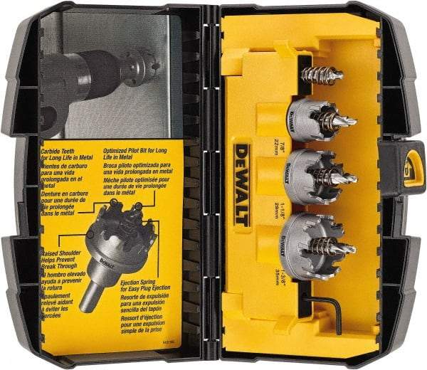 DeWALT - 5 Piece, 7/8" to 1-3/8" Saw Diam, Hole Saw Kit - Carbide-Tipped, Toothed Edge, Includes 3 Hole Saws - Makers Industrial Supply