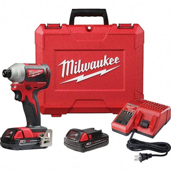 Milwaukee Tool - 18 Volt, 1/4" Drive, 133 Ft/Lb Torque, Cordless Impact Driver - Pistol Grip Handle, 3200 RPM, 2 Lithium-Ion Batteries Included - Makers Industrial Supply