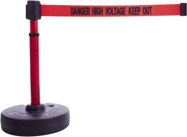 Banner Stakes - 22 to 42" High, 2-3/8" Pole Diam, Barrier Post Base & Stanchion - 9" Base Diam, Round Nylon Base, Red Plastic Post, 15' x 2-1/2" Tape, For Outdoor Use - Makers Industrial Supply