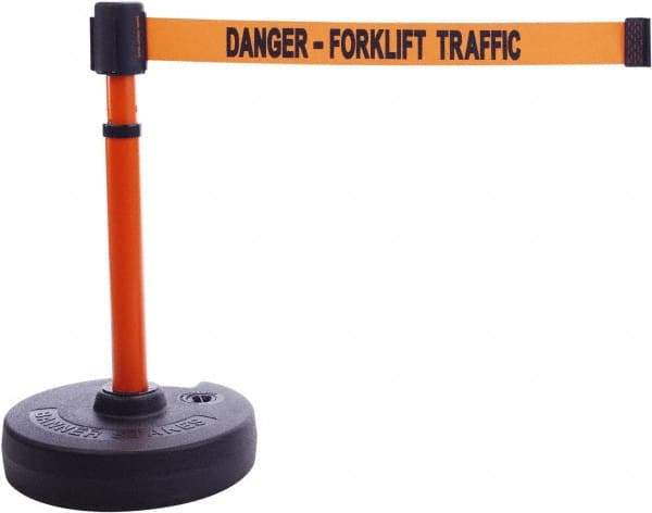 Banner Stakes - 22 to 42" High, 2-3/8" Pole Diam, Barrier Post Base & Stanchion - 9" Base Diam, Round Nylon Base, Orange Plastic Post, 15' x 2-1/2" Tape, For Outdoor Use - Makers Industrial Supply