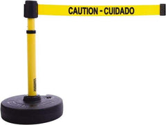 Banner Stakes - 22 to 42" High, 2-3/8" Pole Diam, Barrier Post Base & Stanchion - 9" Base Diam, Round Nylon Base, Yellow Plastic Post, 15' x 2-1/2" Tape, For Outdoor Use - Makers Industrial Supply