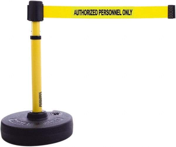 Banner Stakes - 22 to 42" High, 2-3/8" Pole Diam, Barrier Post Base & Stanchion - 9" Base Diam, Round Nylon Base, Yellow Plastic Post, 15' x 2-1/2" Tape, For Outdoor Use - Makers Industrial Supply