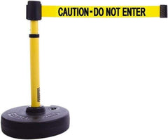 Banner Stakes - 22 to 42" High, 2-3/8" Pole Diam, Barrier Post Base & Stanchion - 9" Base Diam, Round Nylon Base, Yellow Plastic Post, 15' x 2-1/2" Tape, For Outdoor Use - Makers Industrial Supply