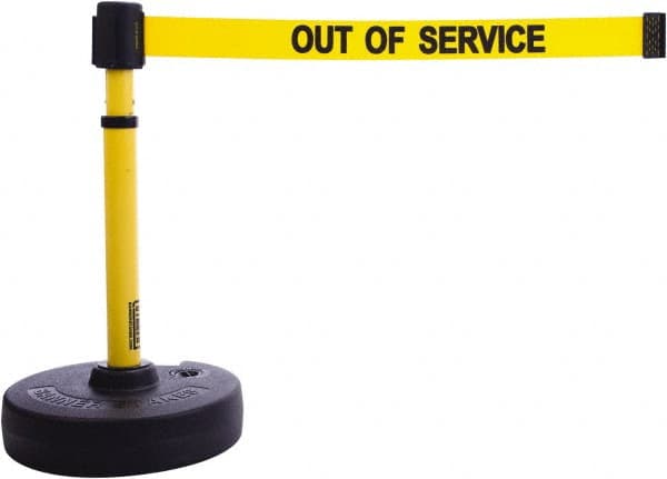 Banner Stakes - 22 to 42" High, 2-3/8" Pole Diam, Barrier Post Base & Stanchion - 9" Base Diam, Round Nylon Base, Yellow Plastic Post, 15' x 2-1/2" Tape, For Outdoor Use - Makers Industrial Supply