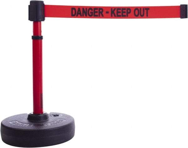 Banner Stakes - 22 to 42" High, 2-3/8" Pole Diam, Barrier Post Base & Stanchion - 9" Base Diam, Round Nylon Base, Red Plastic Post, 15' x 2-1/2" Tape, For Outdoor Use - Makers Industrial Supply