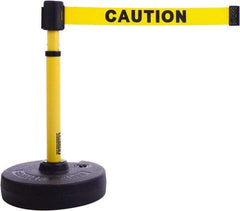 Banner Stakes - 22 to 42" High, 2-3/8" Pole Diam, Barrier Post Base & Stanchion - 9" Base Diam, Round Nylon Base, Yellow Plastic Post, 15' x 2-1/2" Tape, For Outdoor Use - Makers Industrial Supply