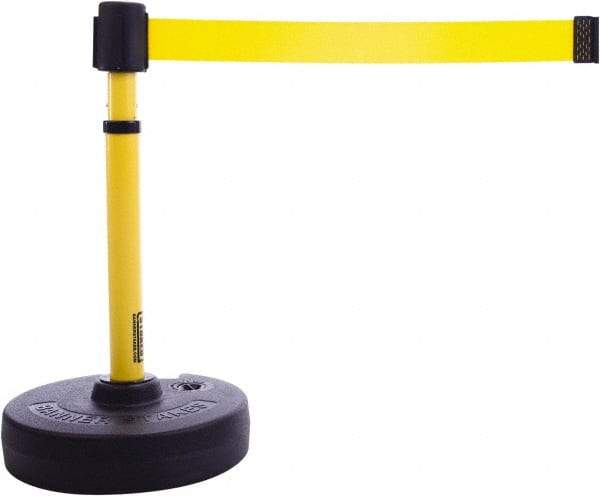 Banner Stakes - 22 to 42" High, 2-3/8" Pole Diam, Barrier Post Base & Stanchion - 9" Base Diam, Round Nylon Base, Yellow Plastic Post, 15' x 2-1/2" Tape, For Outdoor Use - Makers Industrial Supply