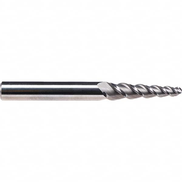 Emuge - 3° Taper Angle per Side, 4.9mm Small End Diam, 21mm LOC, Solid Carbide 3 Flute Tapered Ball End Mill - 66mm OAL, 6mm Shank Diam, Spiral Flute, 45° Helix - Makers Industrial Supply