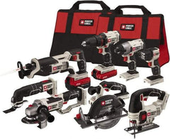 Porter-Cable - 20 Volt Cordless Tool Combination Kit - Includes 1/2" Drill/Driver, 1/4" Impact Driver, 6-1/2" Circular Saw, Reciprocating Tiger Saw, Jig Saw, Oscillating Multi-Tool, Cut-Off Tool/Grinder & Flashlight, Lithium-Ion Battery Included - Makers Industrial Supply