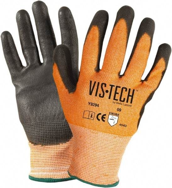 Wells Lamont - Size L (9), ANSI Cut Lvl 4, HPPE Fiber/Stainless Steel Cut Resistant Gloves - Palm & Fingertips Coated, Knit Wrist, Orange, Paired - Makers Industrial Supply