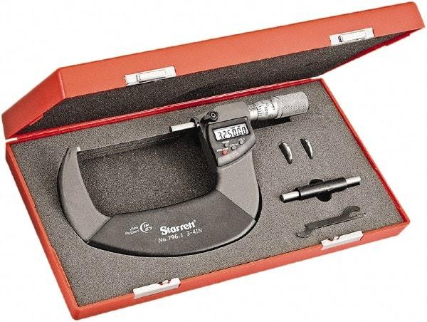 Starrett - 3 to 4" Range, Standard Throat IP67 Electronic Outside Micrometer - Friction Thimble, Carbide Face, CR2032 Battery - Makers Industrial Supply