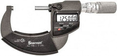 Starrett - 1 to 2" Range, Standard Throat IP67 Electronic Outside Micrometer - Friction Thimble, Carbide Face, CR2032 Battery - Makers Industrial Supply