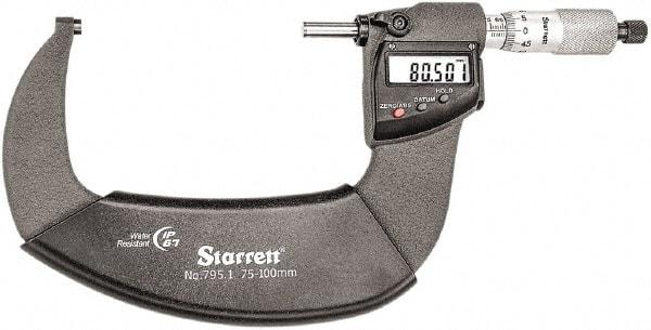 Starrett - Standard Throat IP67 Electronic Outside Micrometer - Ratchet Stop Thimble, Carbide Face, CR2032 Battery - Makers Industrial Supply