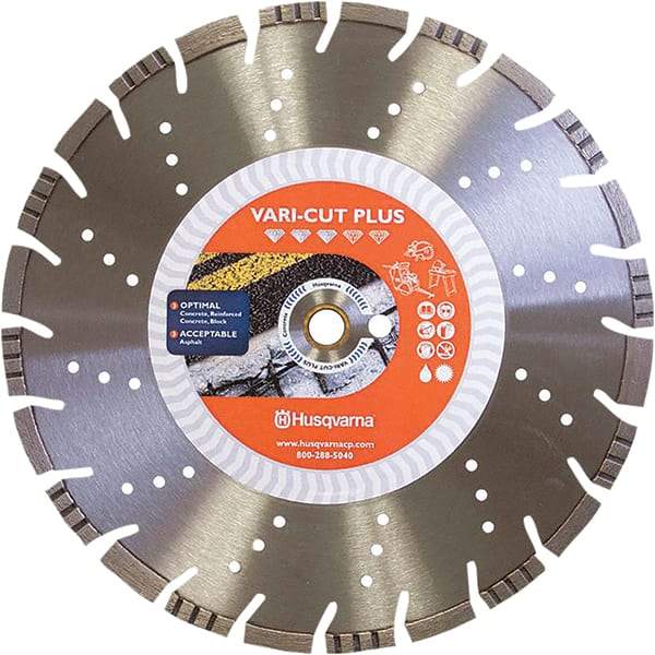 Husqvarna - 14" Diam, 25/32 & 1" Arbor Hole Diam, Continuous Edge Tooth Wet & Dry Cut Saw Blade - Diamond-Tipped, General Purpose Action, Standard Round Arbor - Makers Industrial Supply