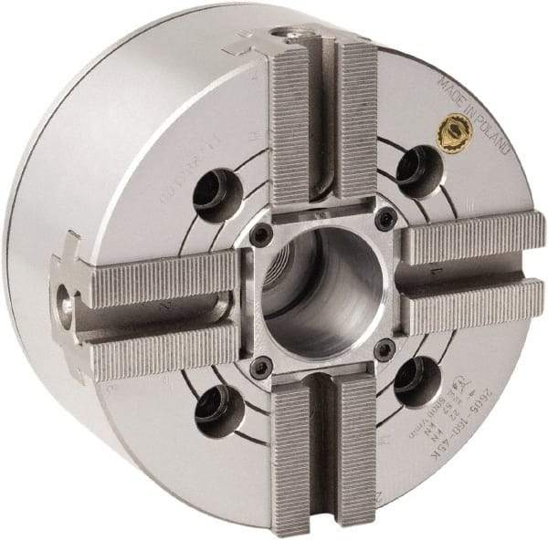 Bison - 4 Jaw, 8.26" Chuck Diam, Plain Back Mount, 52mm Through Hole Diam, Drawtube Hydraulic Power Lathe Chuck - 1.5mm x 60° Serrated Jaw Interface, 0.6299 to 7.874" Jaw Capacity, 4,300 RPM, High Speed Steel Body - Makers Industrial Supply