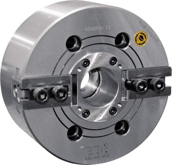 Bison - 2 Jaw, 6.65" Chuck Diam, Plain Back Mount, 45mm Through Hole Diam, Drawtube Hydraulic Power Lathe Chuck - 1.5mm x 60° Serrated Jaw Interface, 0.5905 to 6.7716" Jaw Capacity, 6,000 RPM, High Speed Steel Body - Makers Industrial Supply